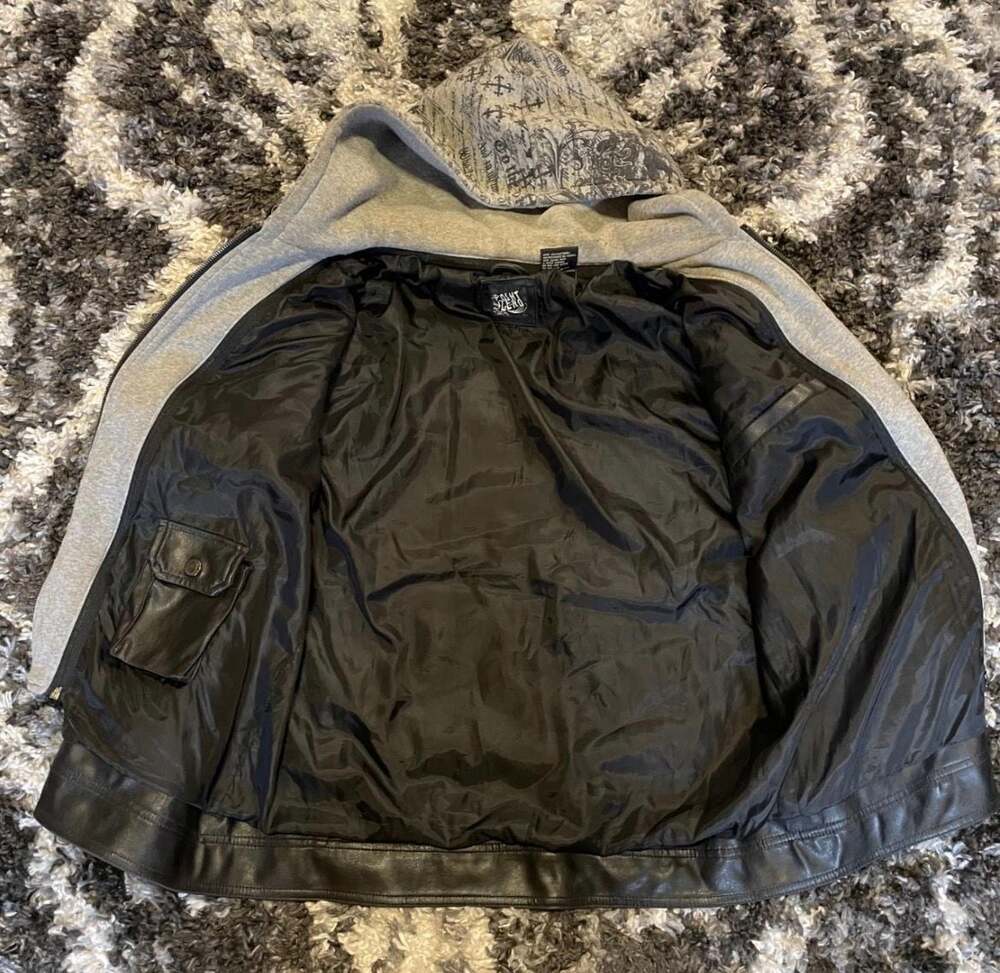 SOLD Point Zero Men's Faux Leather Motorcycle Jacket with Graphic Print Removab - Picture 3 of 7